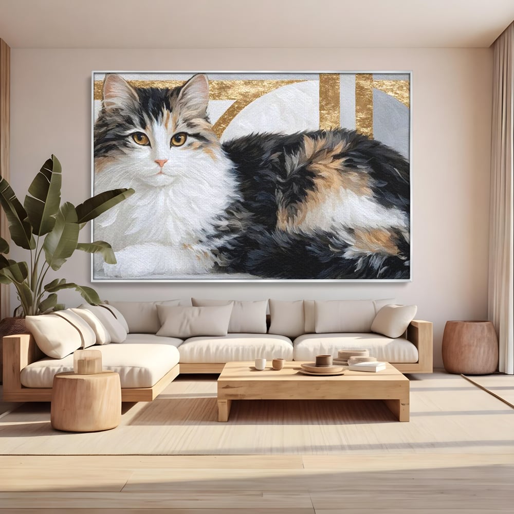 Tablou canvas cu tablou canvas cu pisica calico si accente aurii, in rama de aluminiu argintiu, pe perete intr-un living